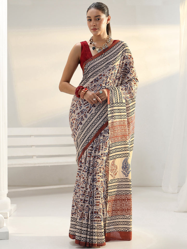 Beige Quirky Printed Cotton Saree