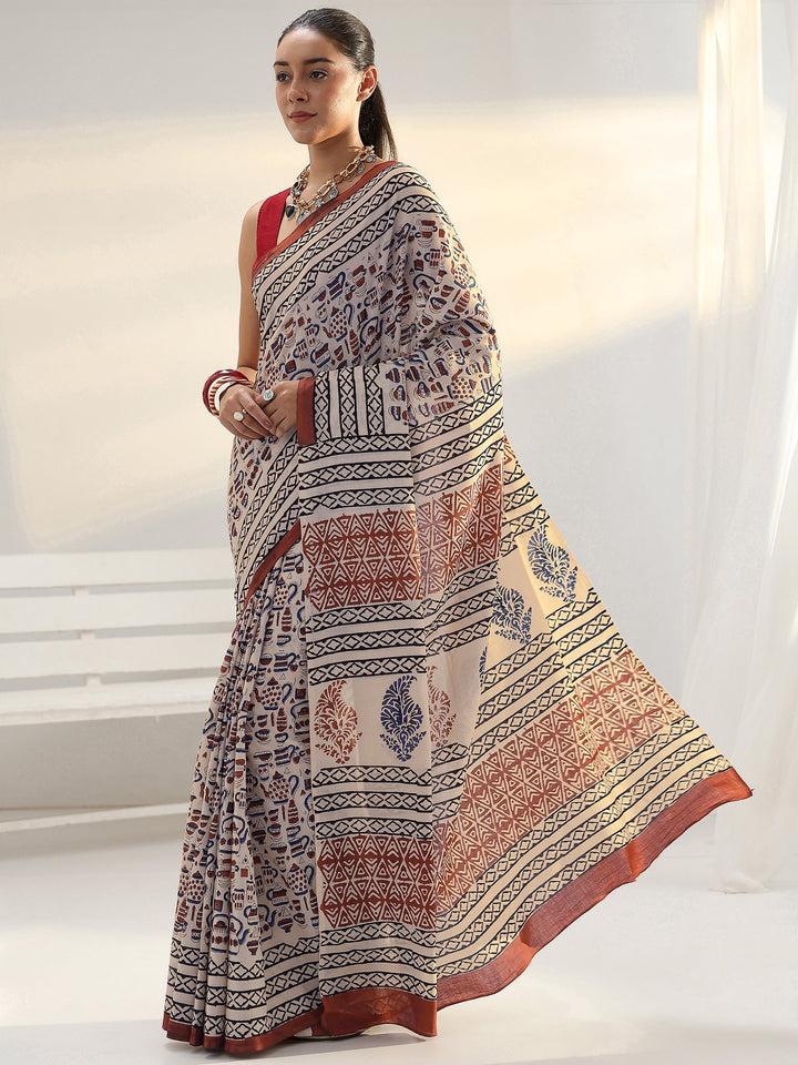 Beige Quirky Printed Cotton Saree