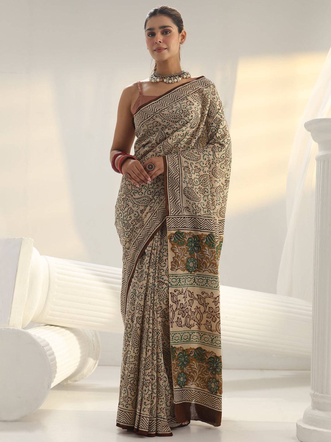 Beige Dabu Print Cotton Saree
