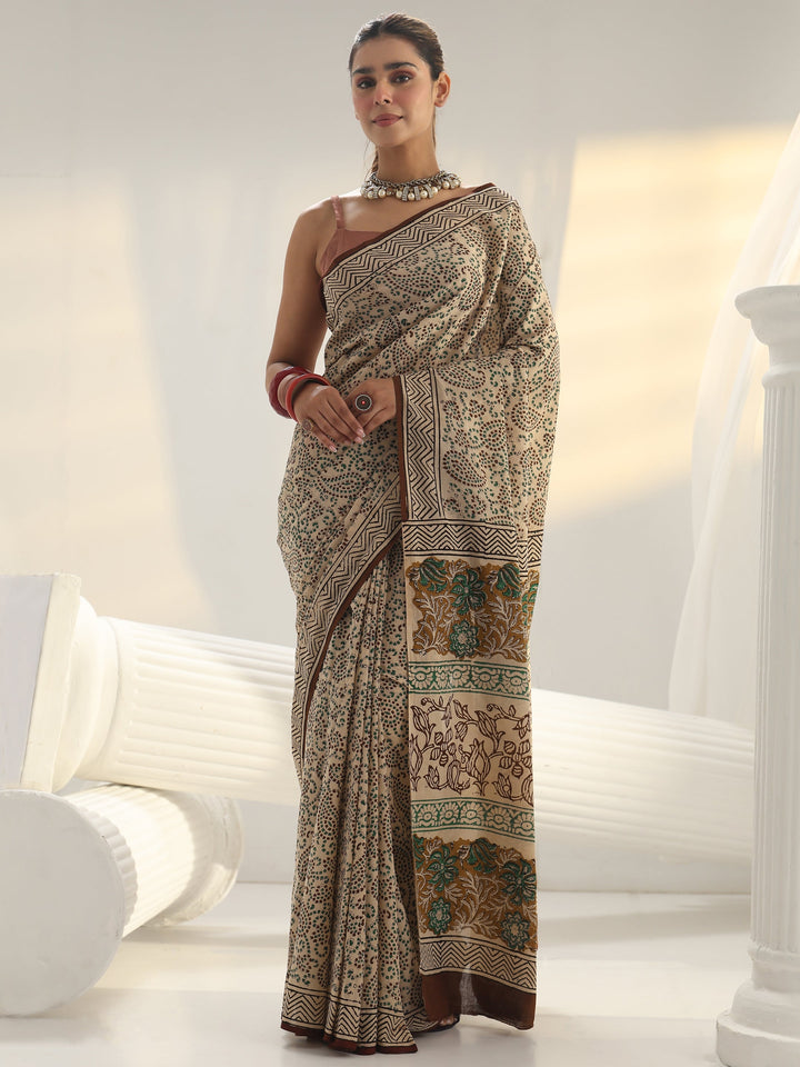 Beige Dabu Print Cotton Saree