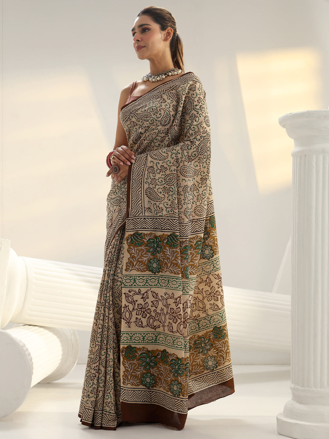 Beige Dabu Print Cotton Saree