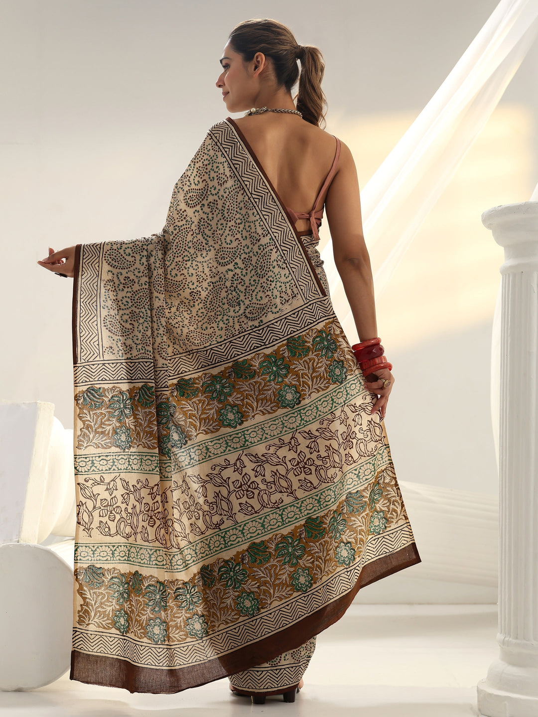 Beige Dabu Print Cotton Saree