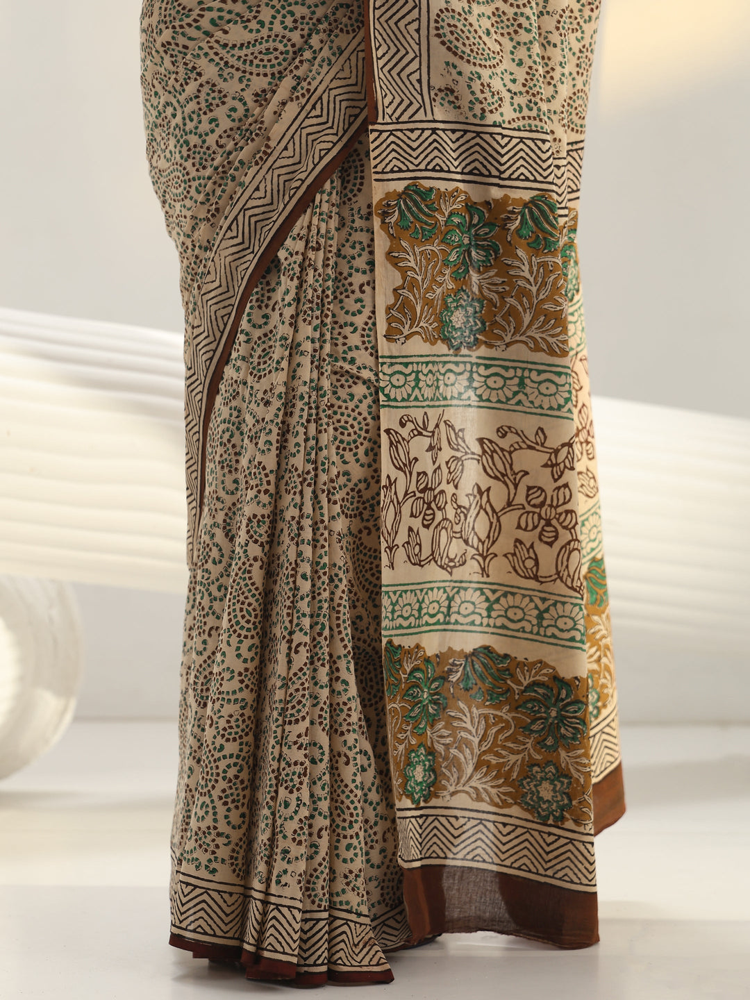 Beige Dabu Print Cotton Saree
