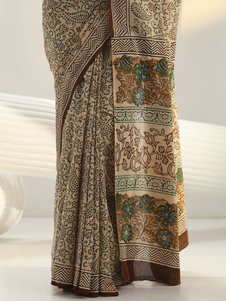 Beige Dabu Print Cotton Saree