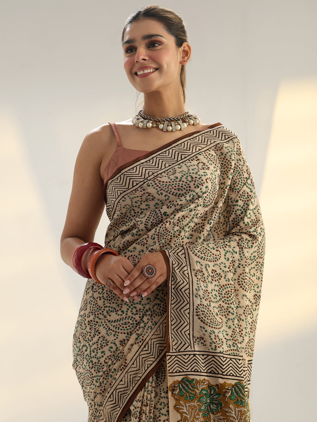 Beige Dabu Print Cotton Saree