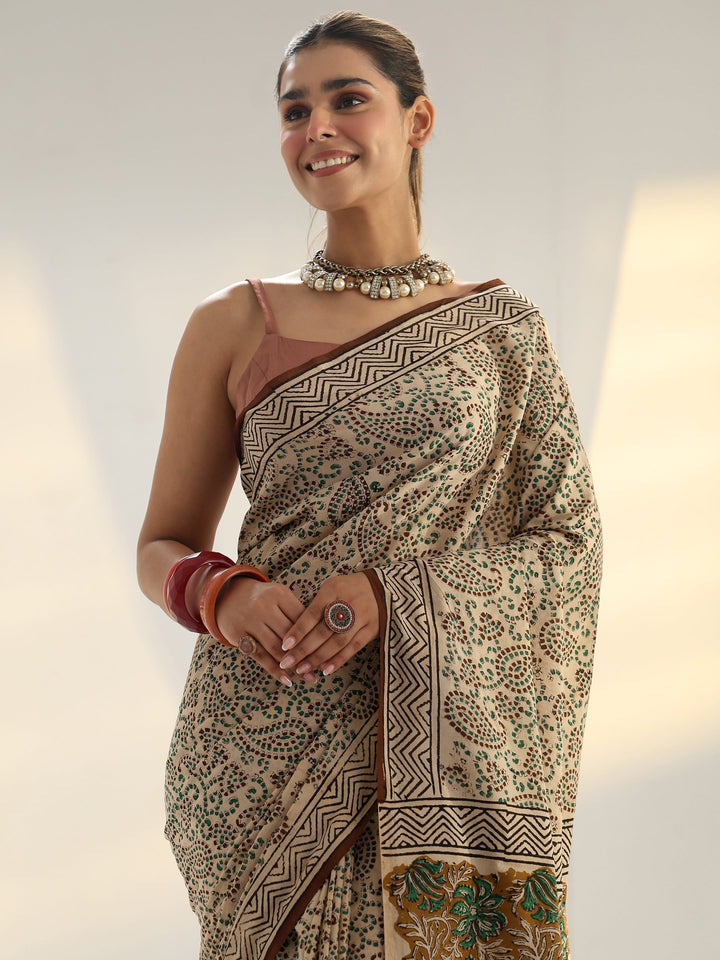 Beige Dabu Print Cotton Saree