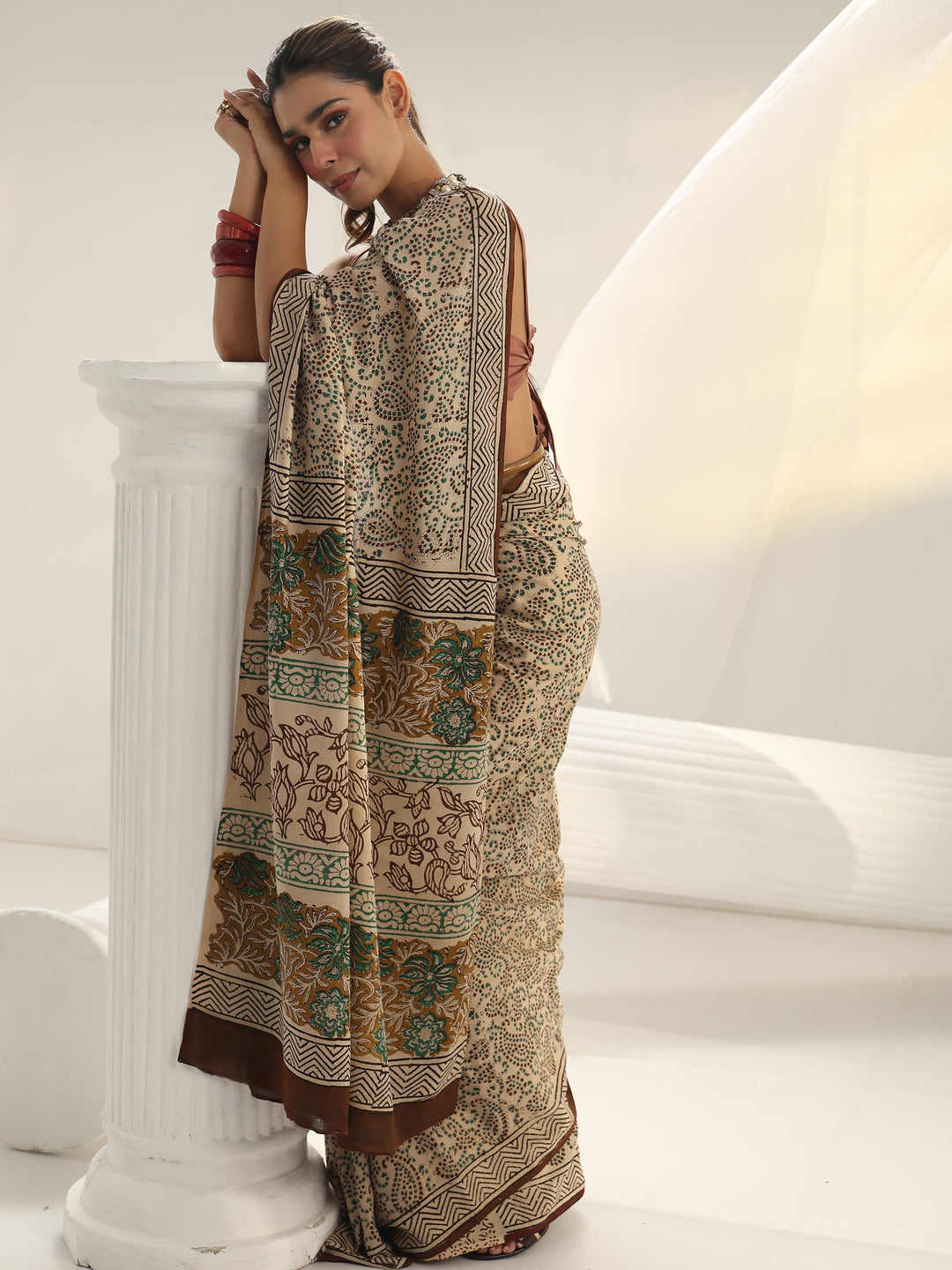Beige Dabu Print Cotton Saree
