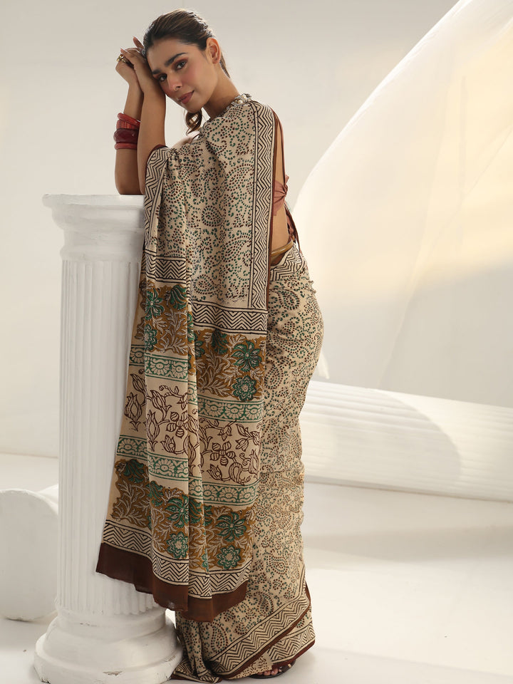 Beige Dabu Print Cotton Saree