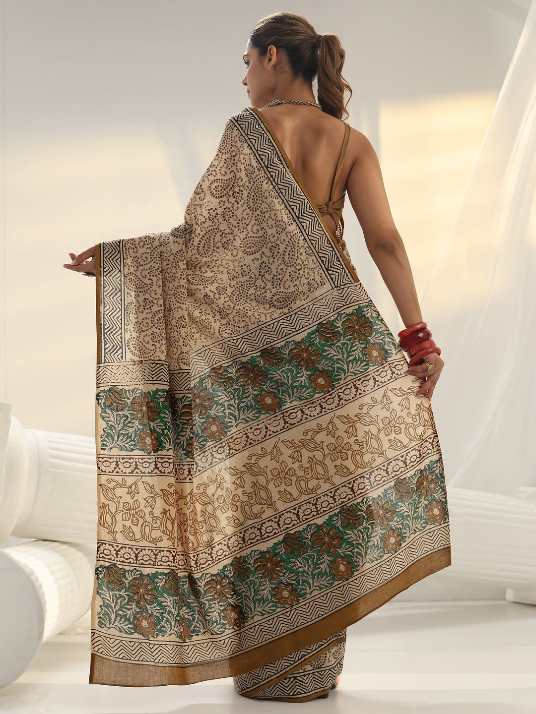 Beige Dabu Print Cotton Saree