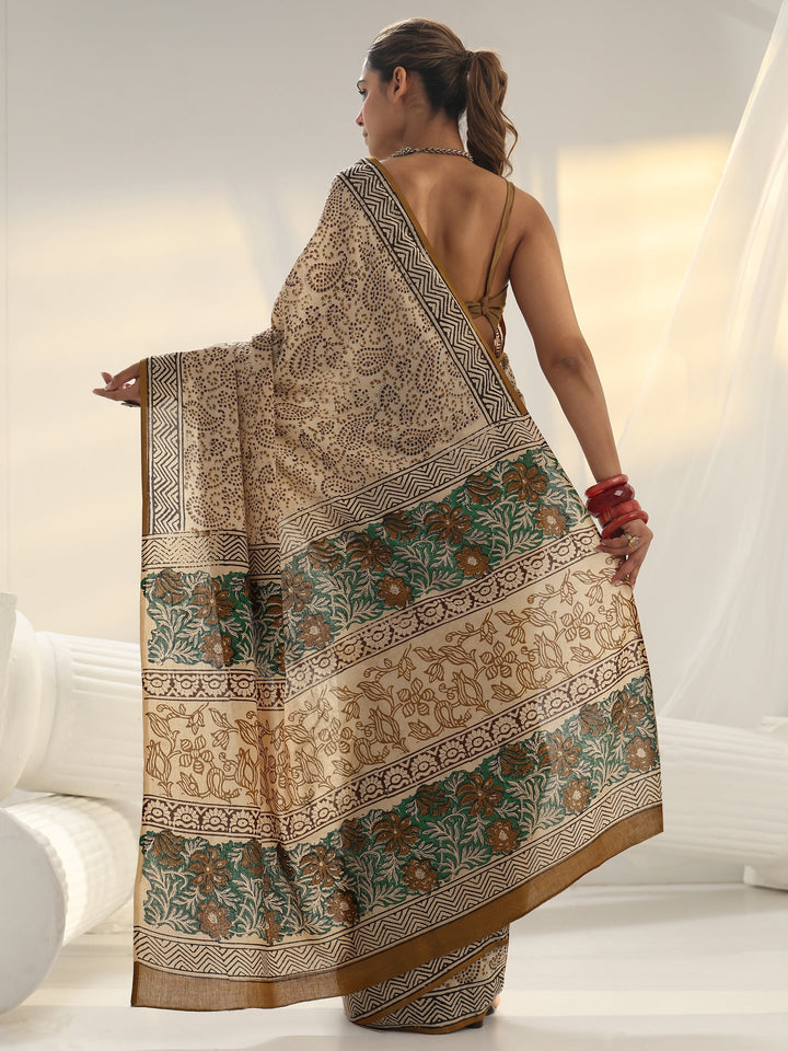 Beige Dabu Print Cotton Saree