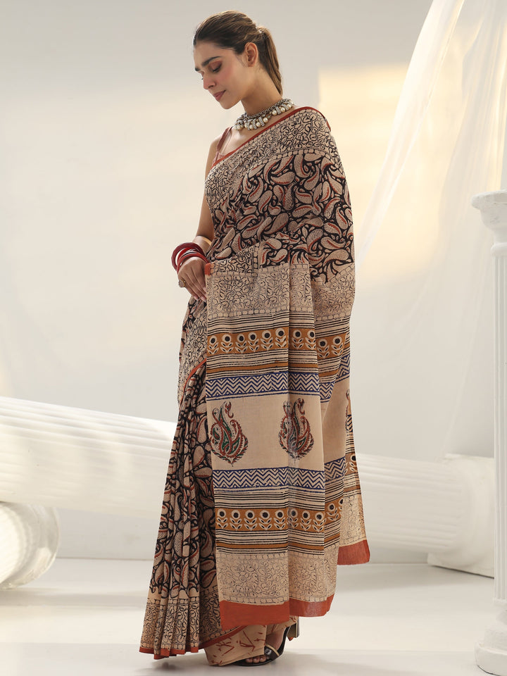 Beige Paisley Printed Cotton Saree