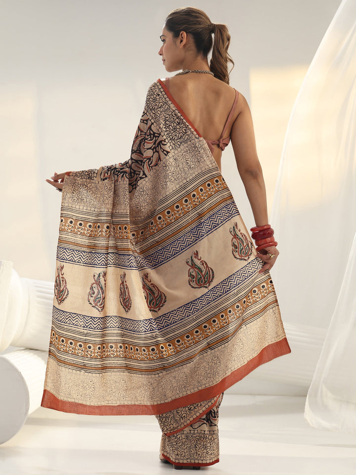 Beige Paisley Printed Cotton Saree