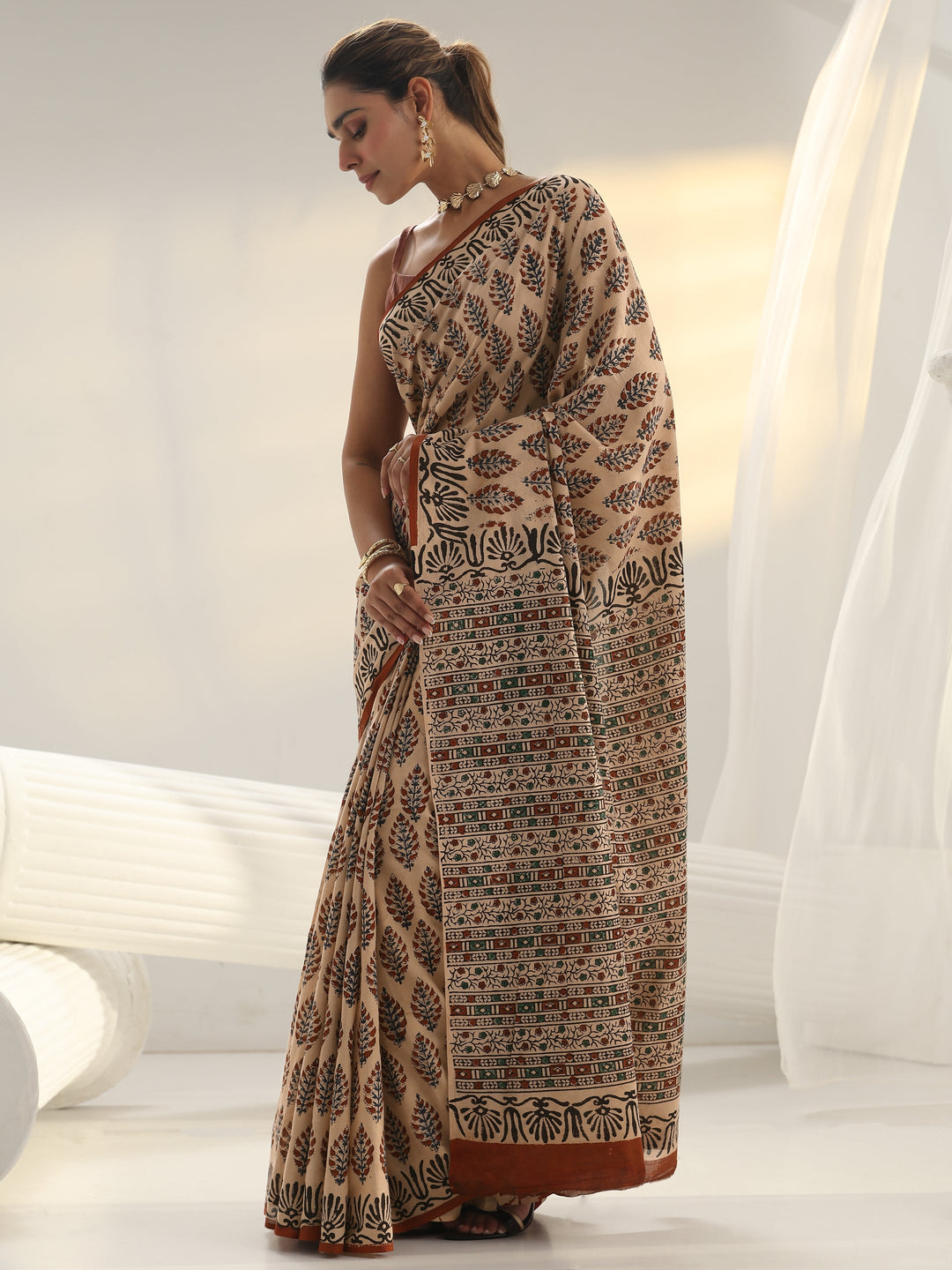 Beige Block Print Cotton Saree