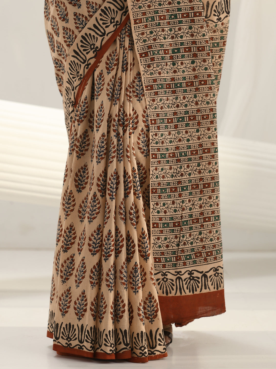 Beige Block Print Cotton Saree