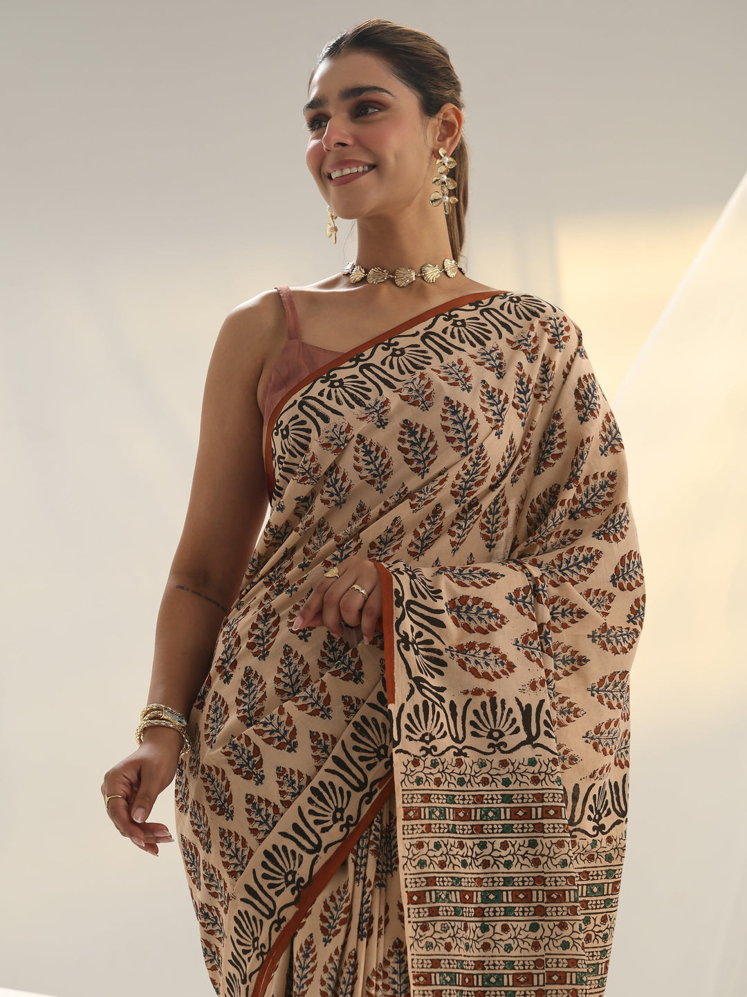 Beige Block Print Cotton Saree