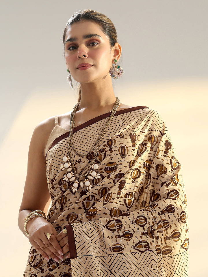 Beige Quirky Printed Cotton Saree