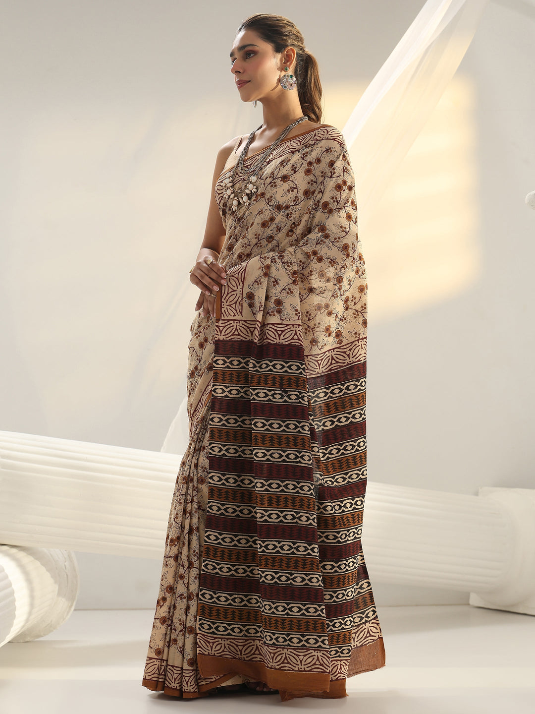 Beige Bagru Print Cotton Saree