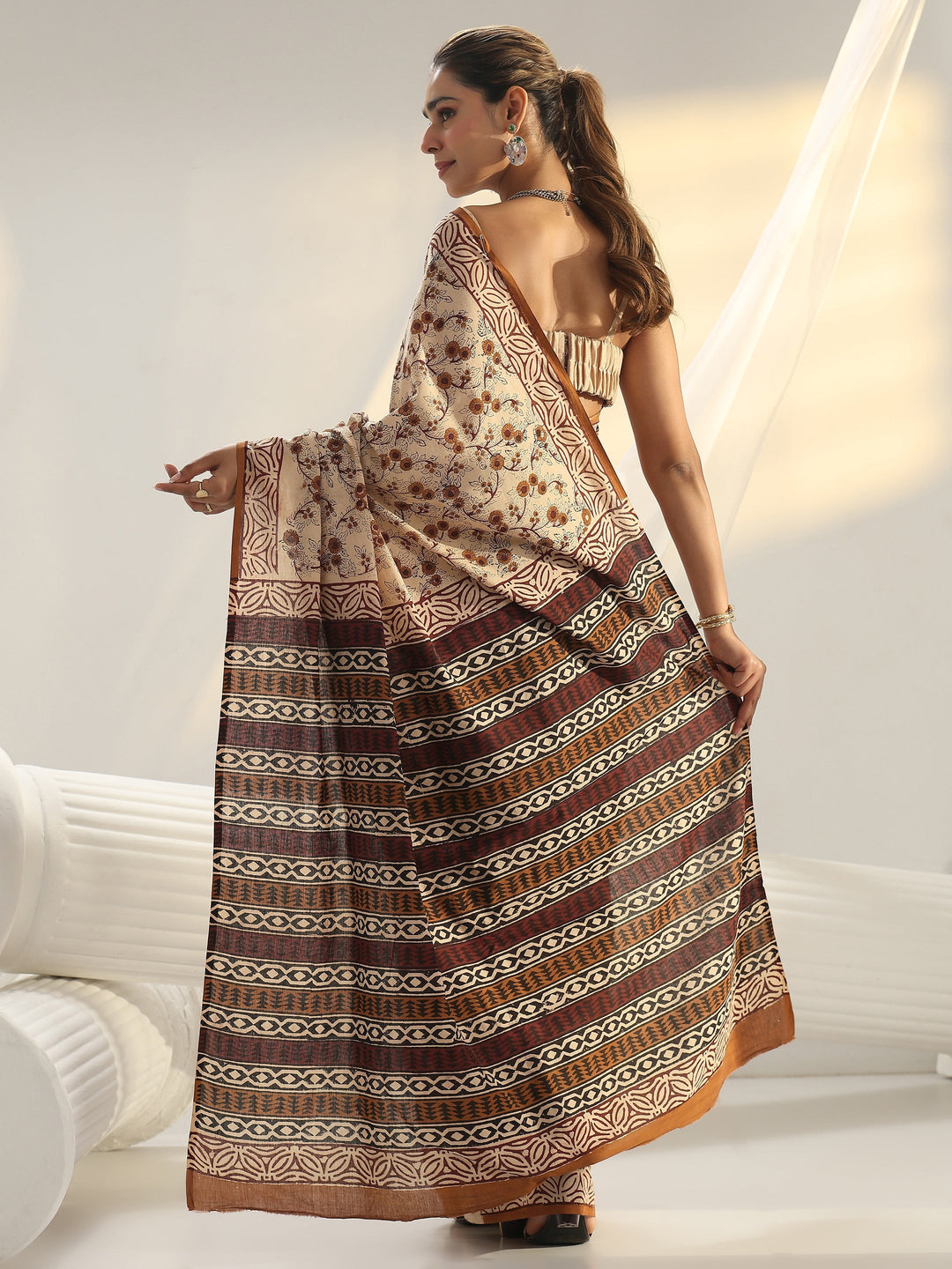 Beige Bagru Print Cotton Saree