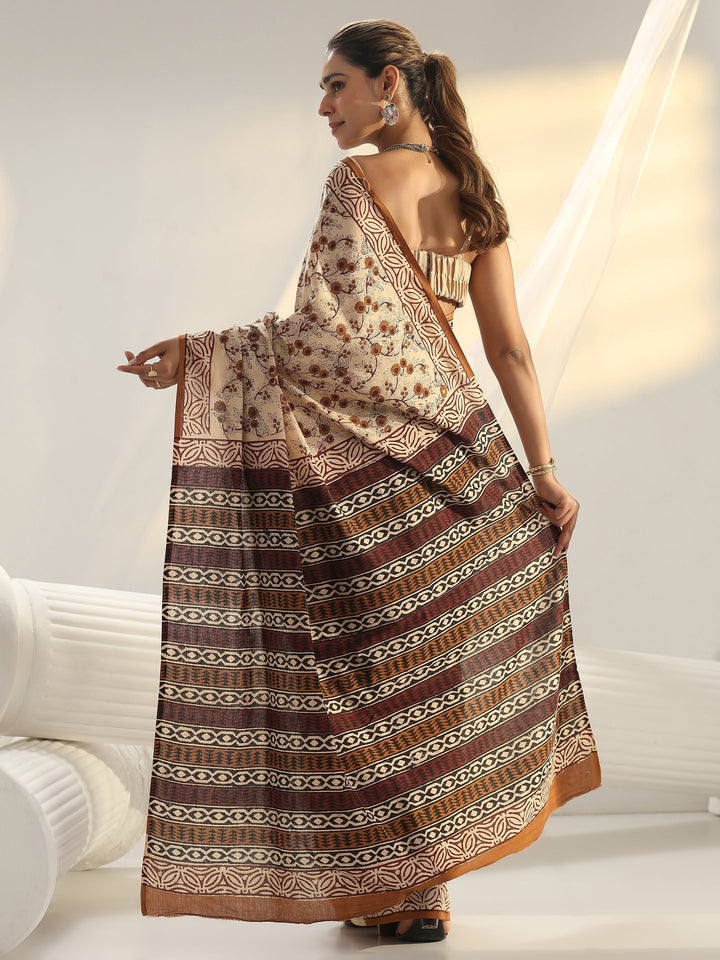Beige Bagru Print Cotton Saree