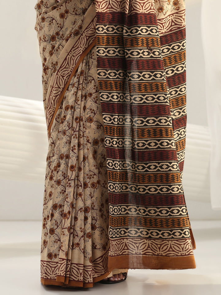 Beige Bagru Print Cotton Saree