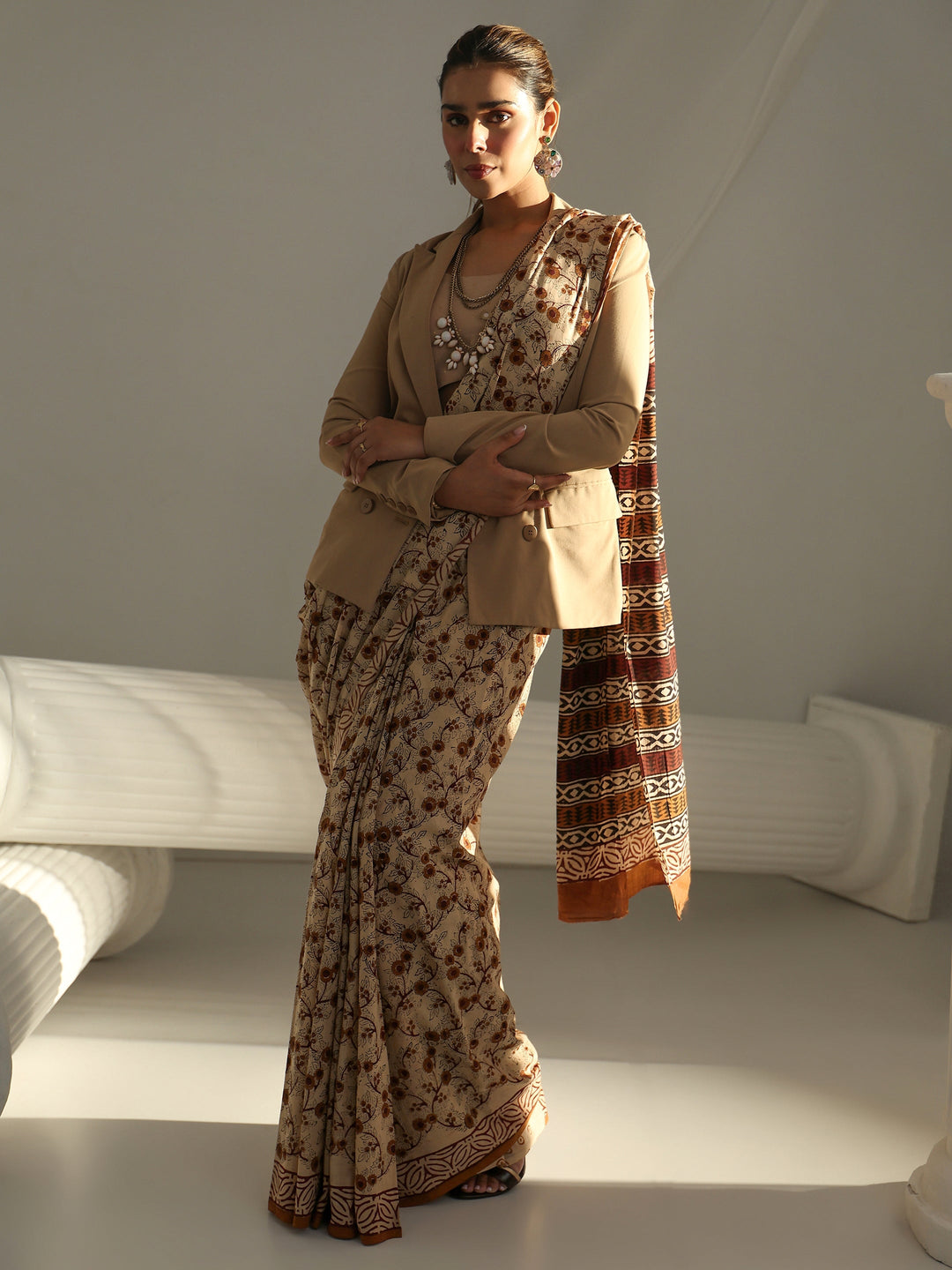 Beige Bagru Print Cotton Saree