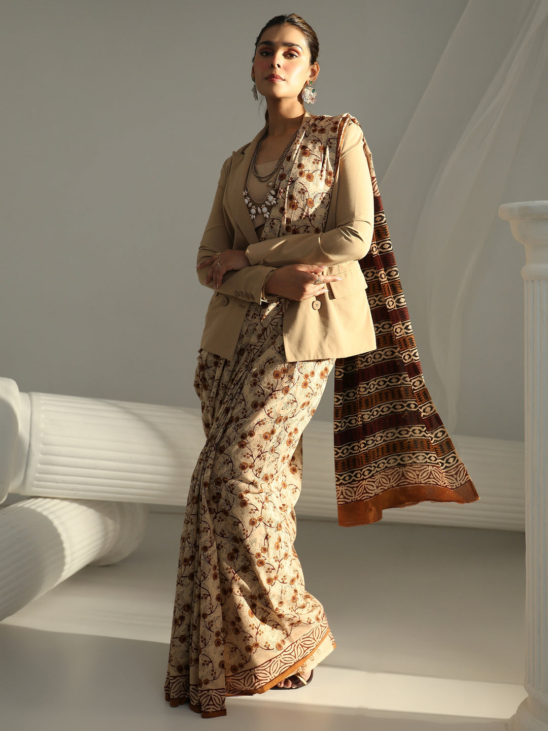 Beige Bagru Print Cotton Saree
