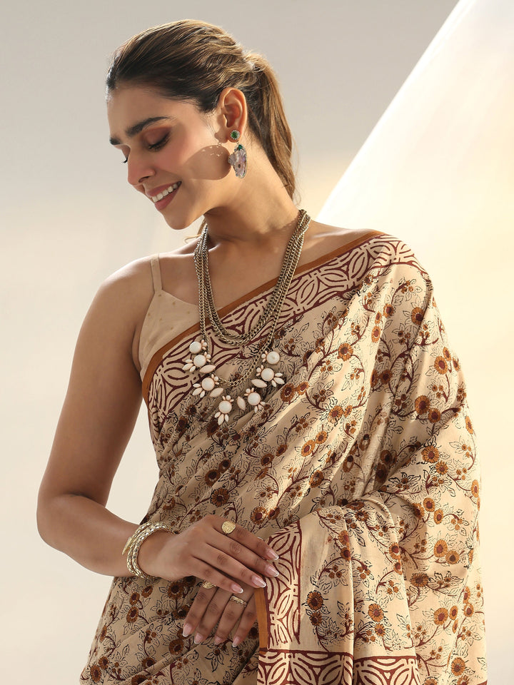 Beige Bagru Print Cotton Saree