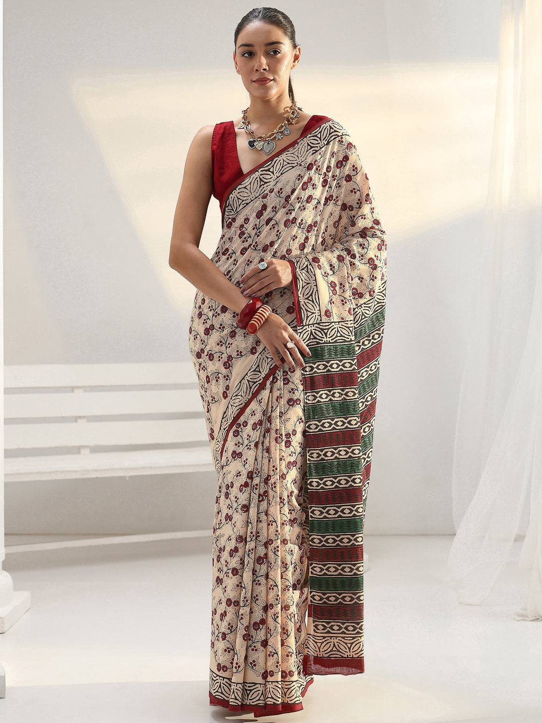 Beige Floral Printed Cotton Saree