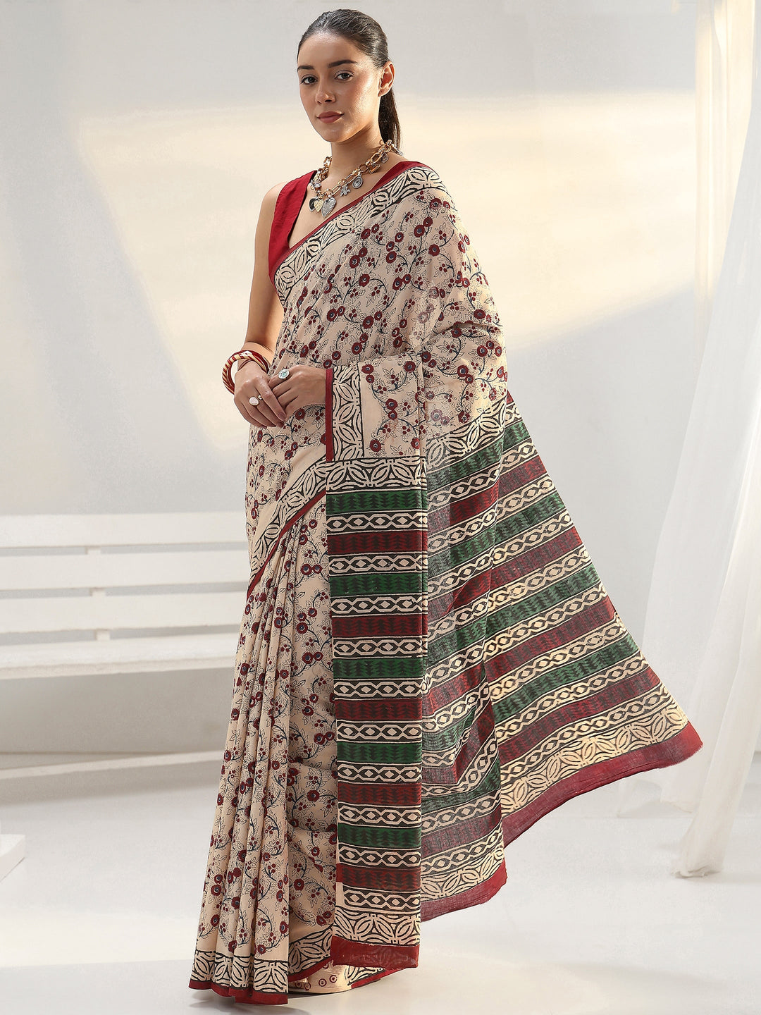 Beige Floral Printed Cotton Saree