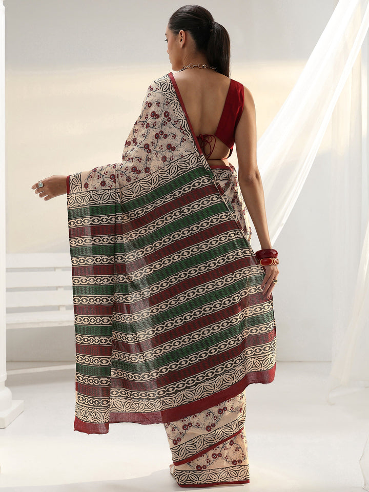 Beige Floral Printed Cotton Saree
