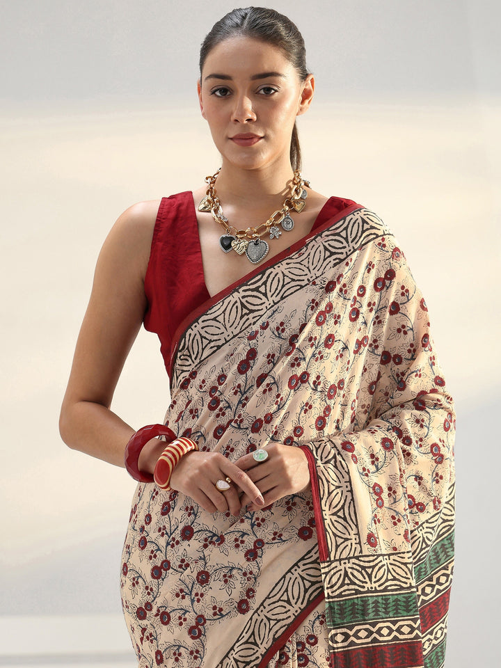 Beige Floral Printed Cotton Saree