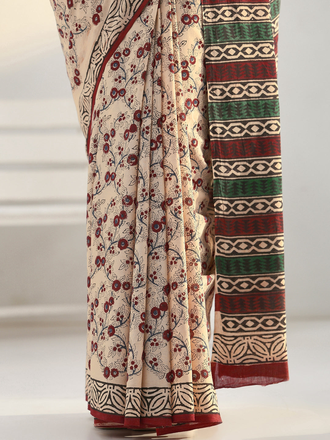 Beige Floral Printed Cotton Saree