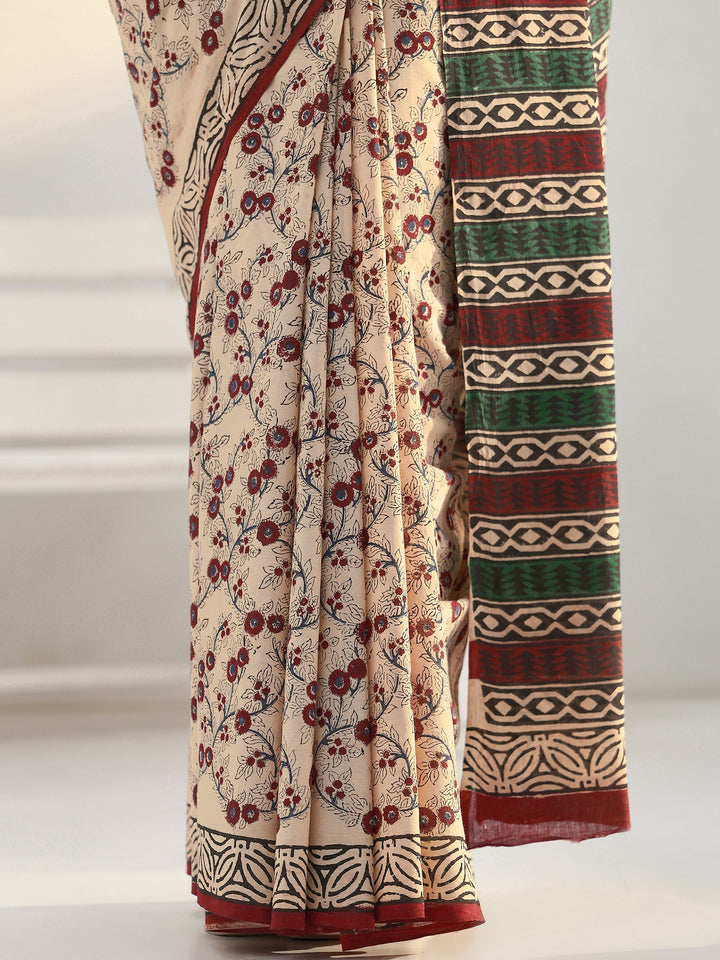 Beige Floral Printed Cotton Saree