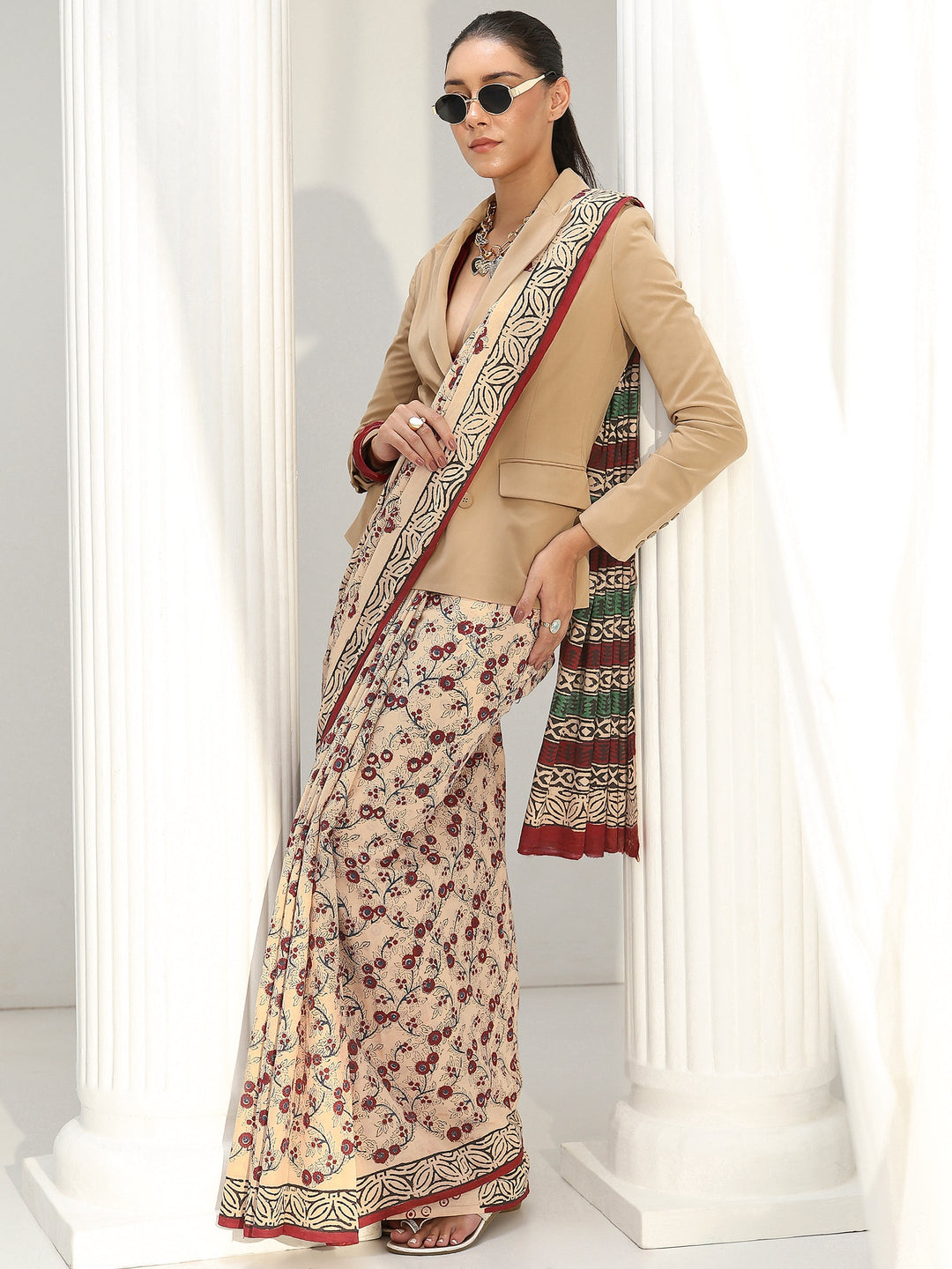 Beige Floral Printed Cotton Saree