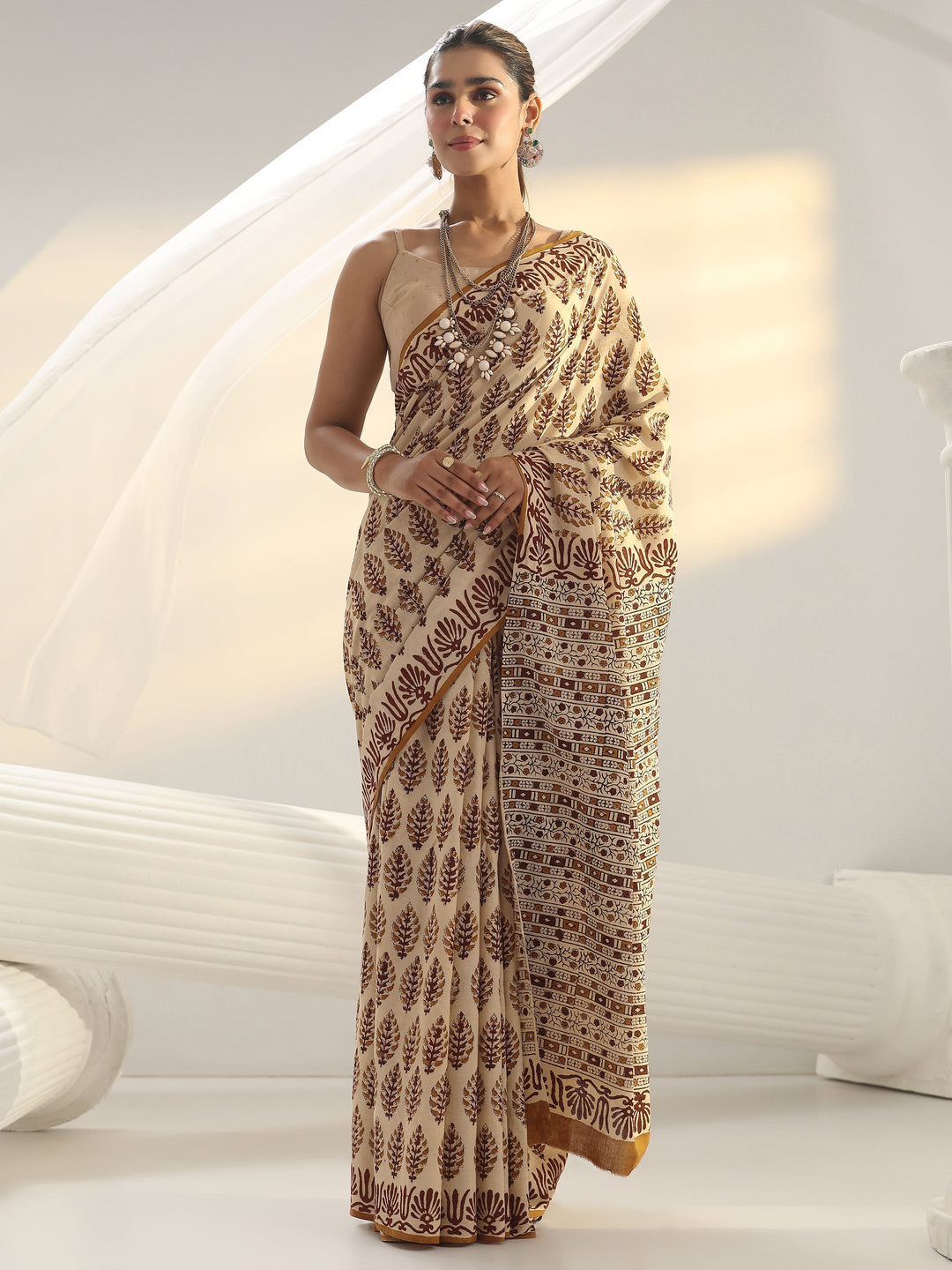 Beige Block Print Cotton Saree