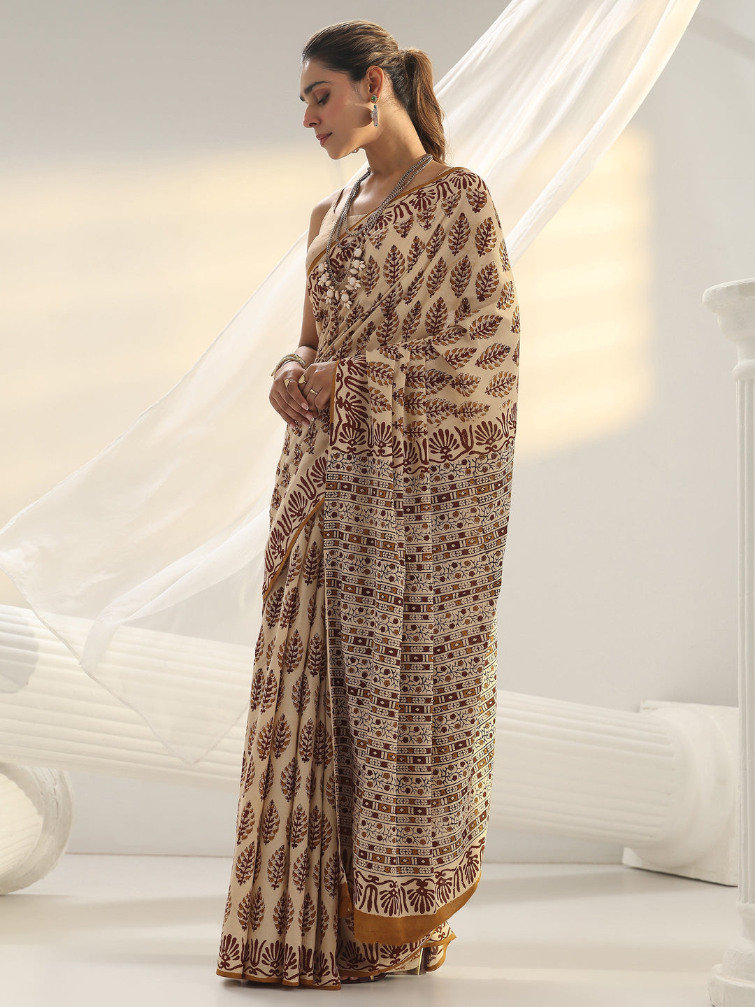 Beige Block Print Cotton Saree