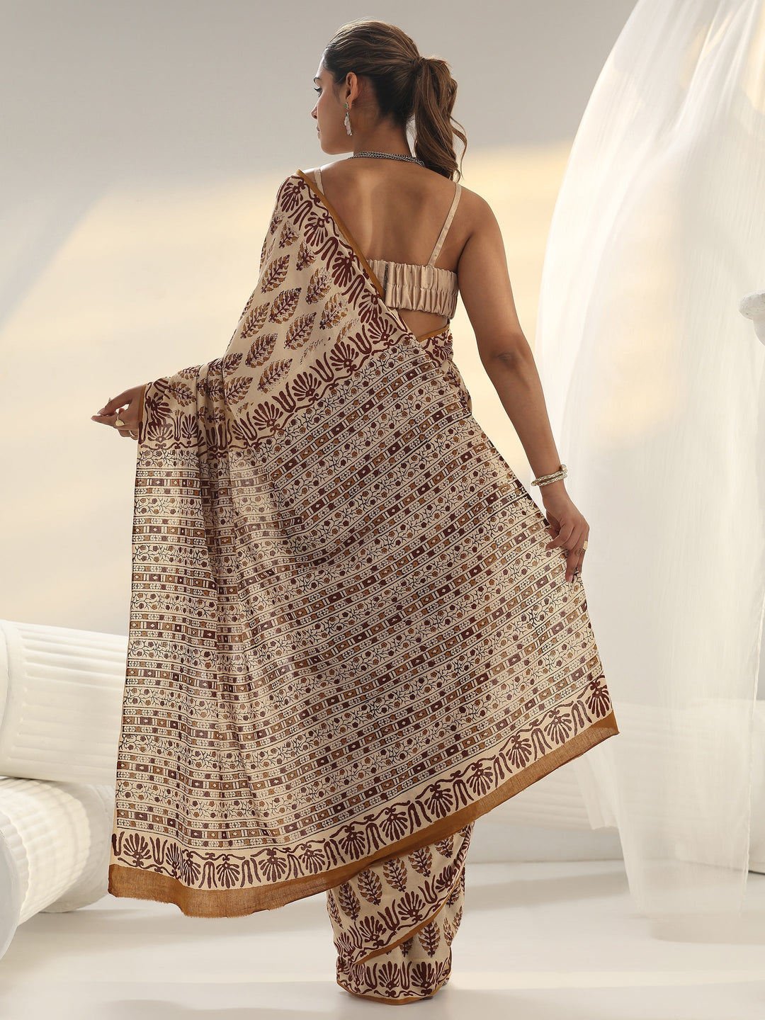 Beige Block Print Cotton Saree