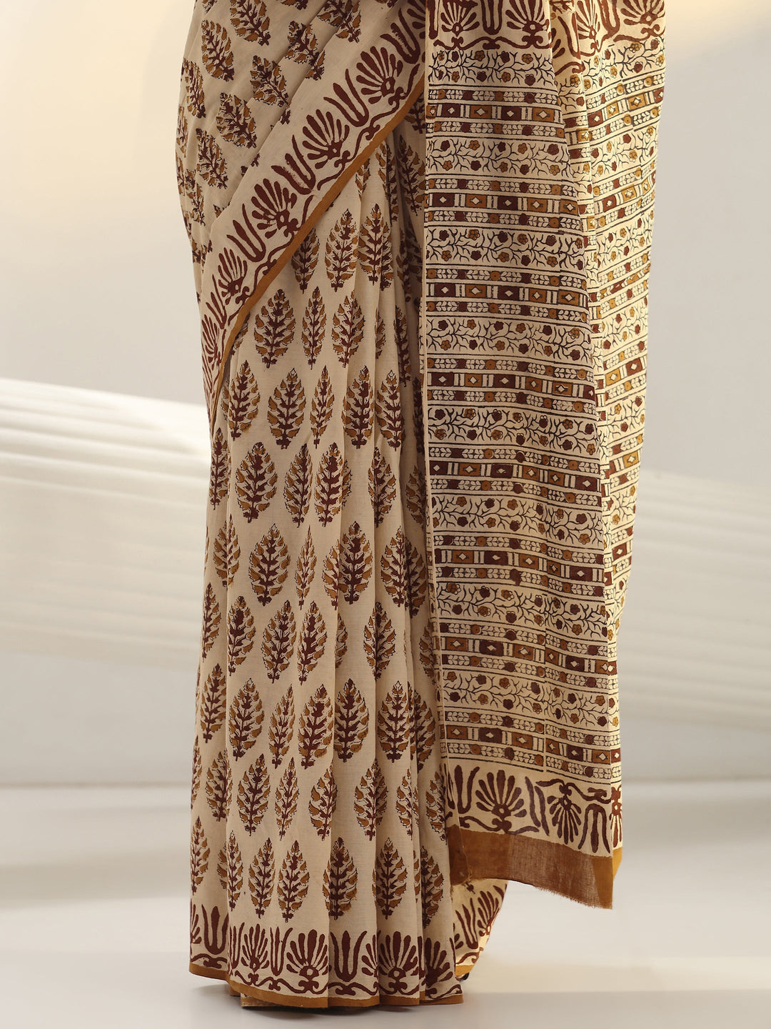 Beige Block Print Cotton Saree