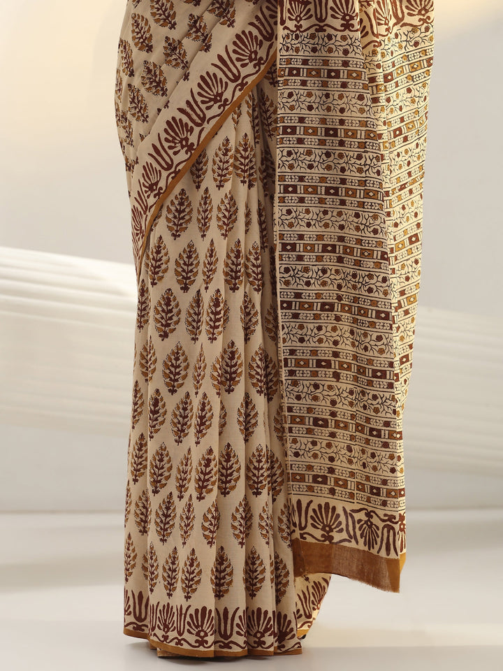 Beige Block Print Cotton Saree