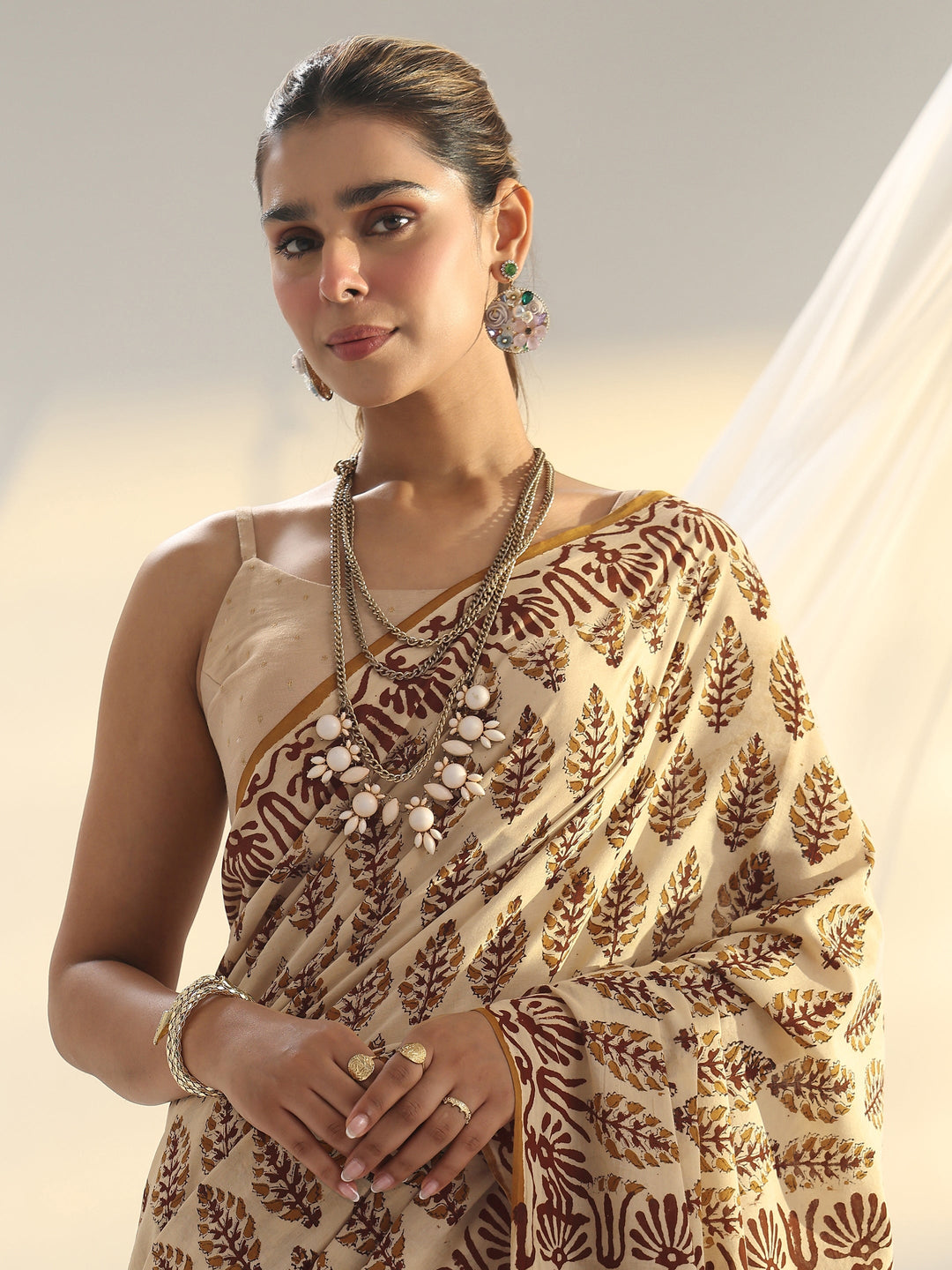 Beige Block Print Cotton Saree