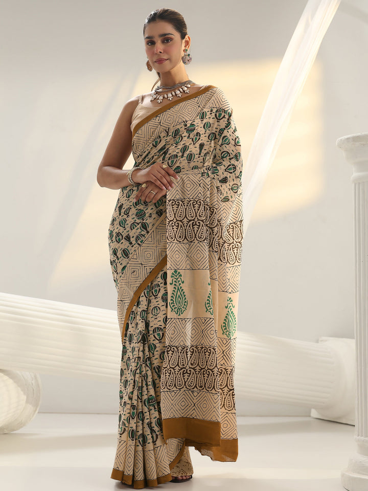 Beige Quirky Printed Cotton Saree