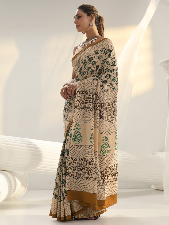 Beige Quirky Printed Cotton Saree