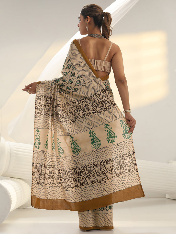 Beige Quirky Printed Cotton Saree