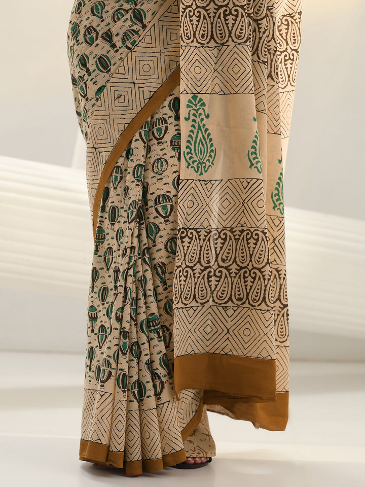 Beige Quirky Printed Cotton Saree