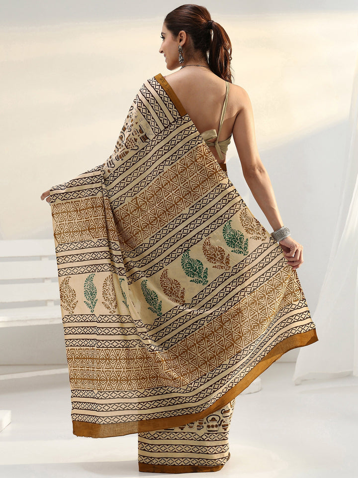 Beige Quirky Printed Cotton Saree