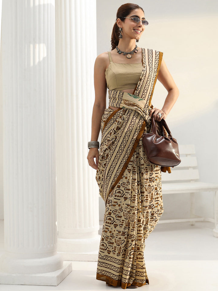 Beige Quirky Printed Cotton Saree
