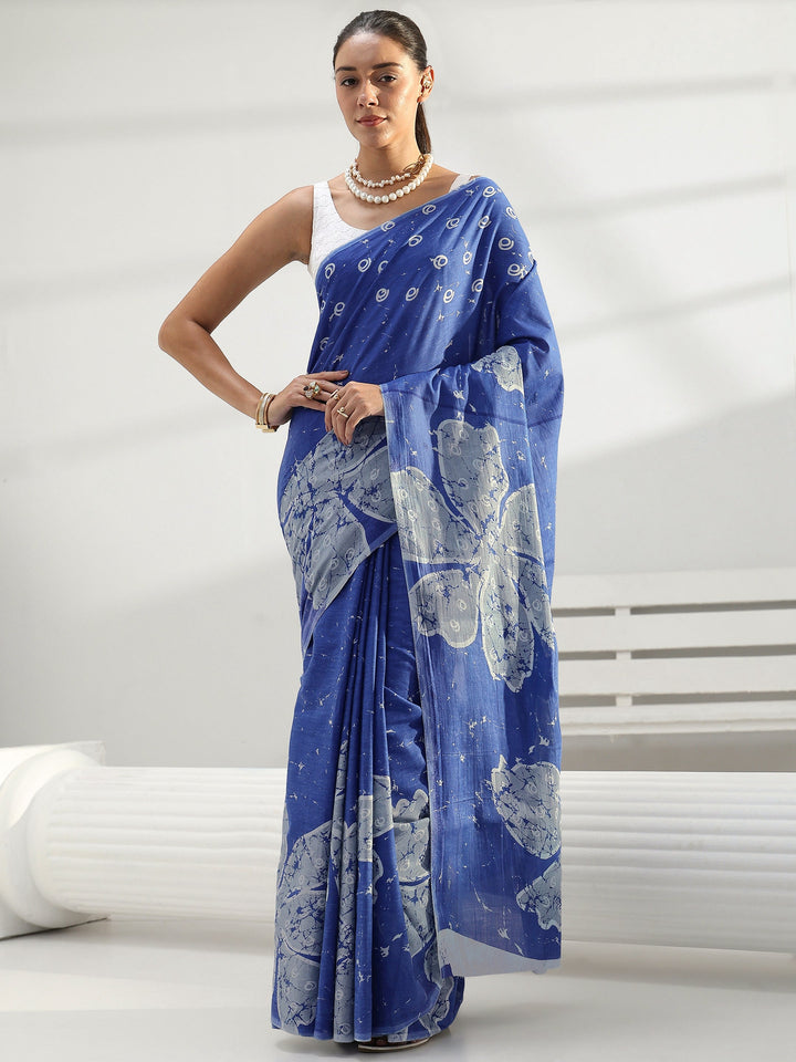 Blue Floral Printed Cotton Saree