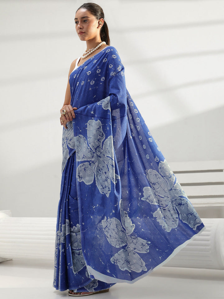 Blue Floral Printed Cotton Saree