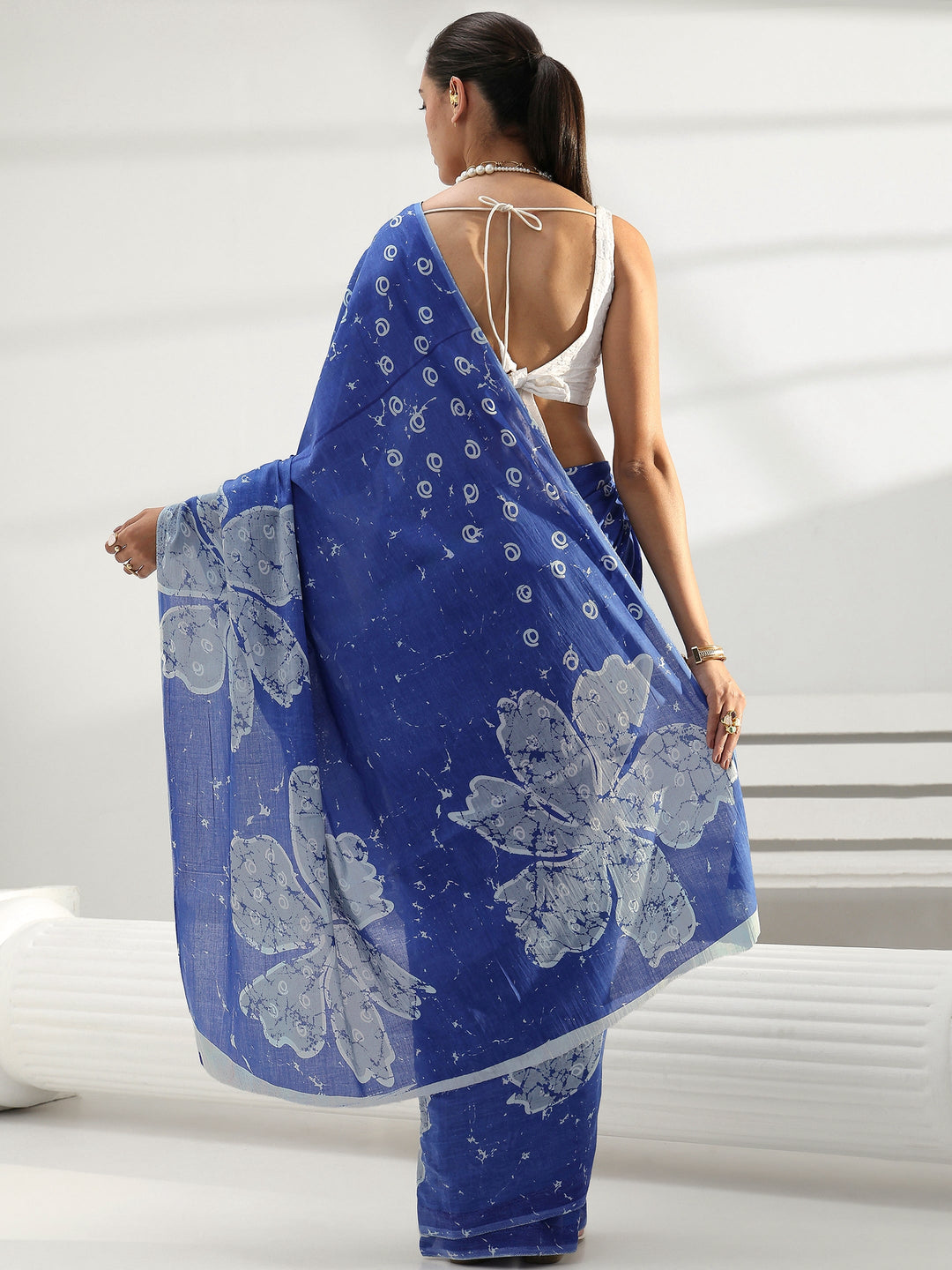Blue Floral Printed Cotton Saree