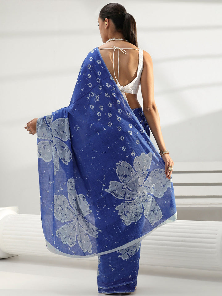 Blue Floral Printed Cotton Saree